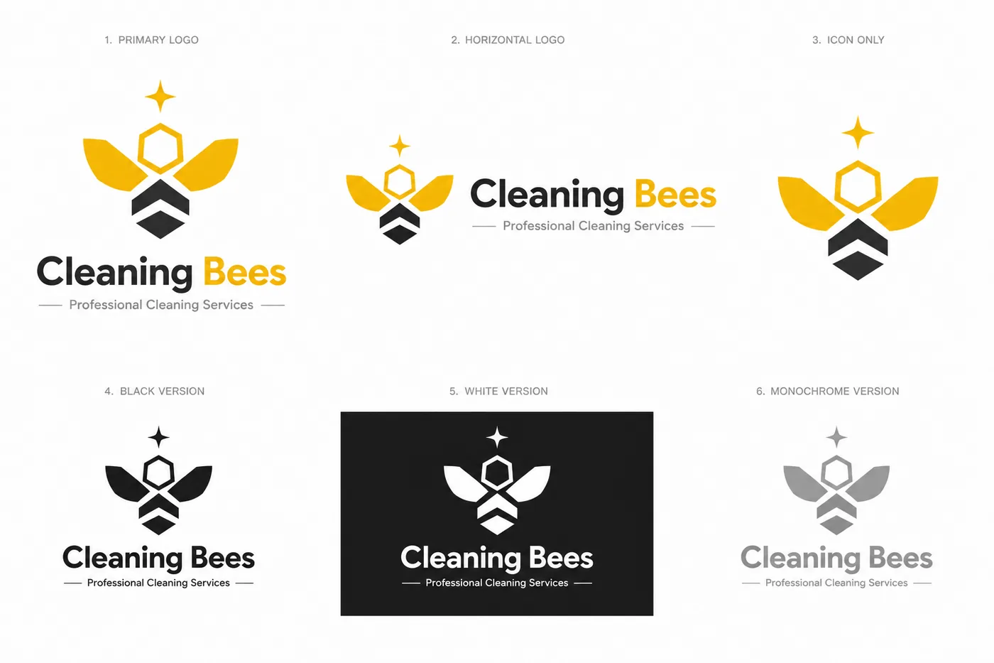 Cleaning Bees logo suite: primary, horizontal, icon, black, white and monochrome versions