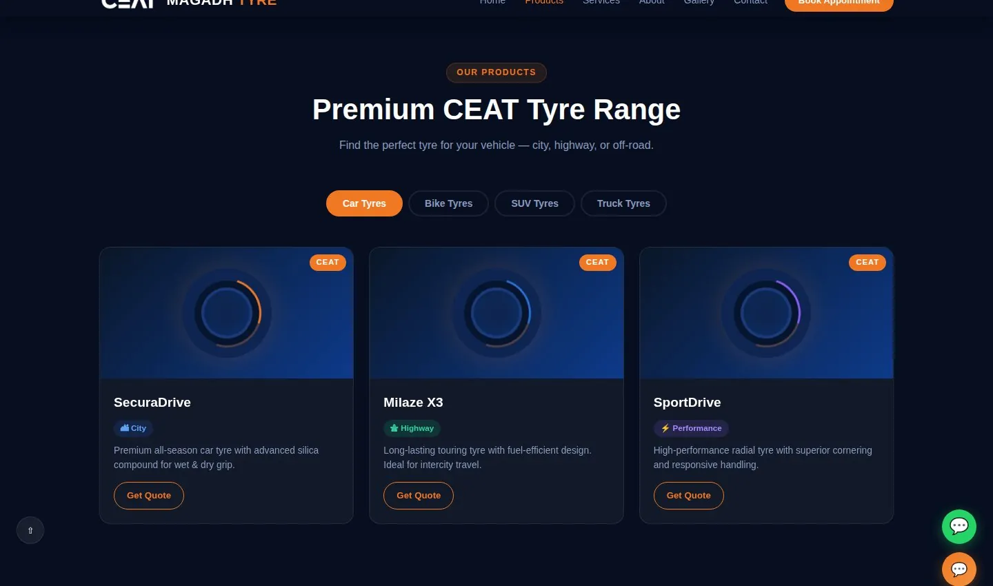 Tyre range section with category tabs