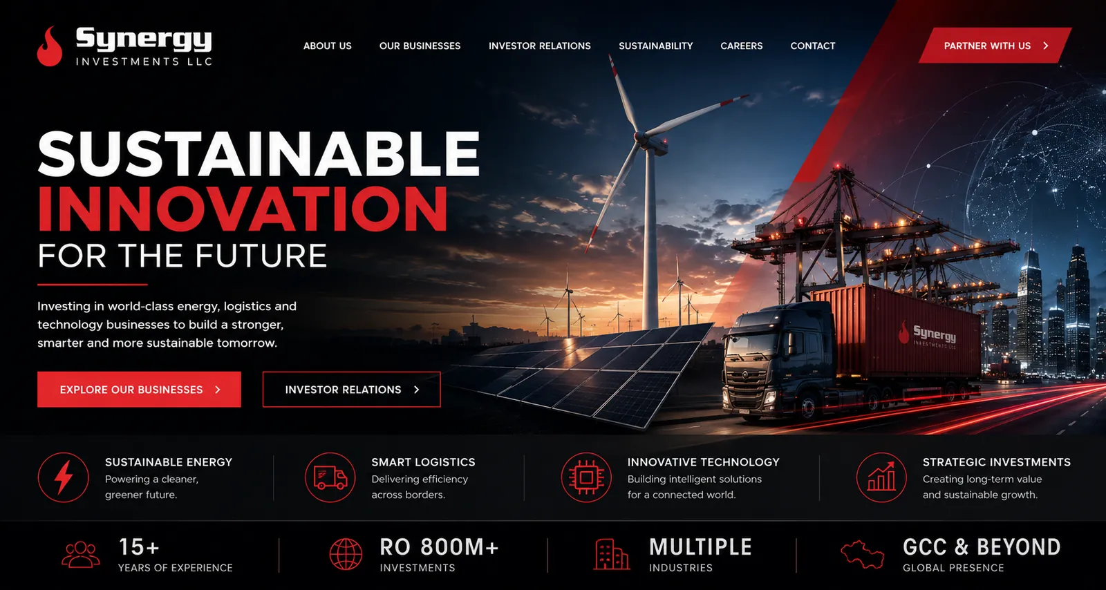 Website hero design for Synergy Investments: “Sustainable innovation for the future”