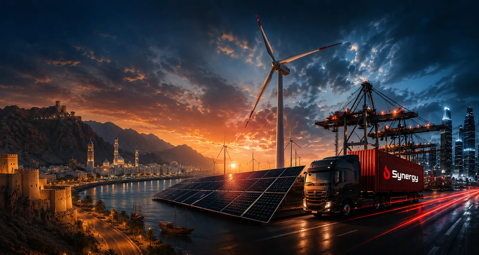 Hero background concept: Muscat coastline with wind turbines and port